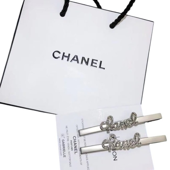CHANEL 2Pc Silver/Rhinestone logo Long Rectangle Hair Clips - Picture 1 of 2